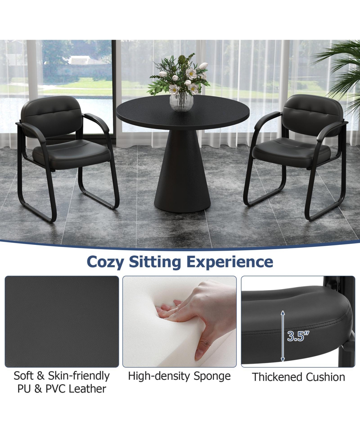 Vebreda Waiting Room Chair Set of 2 Reception Chairs with Sled Base and Padded Arm Rest- Black