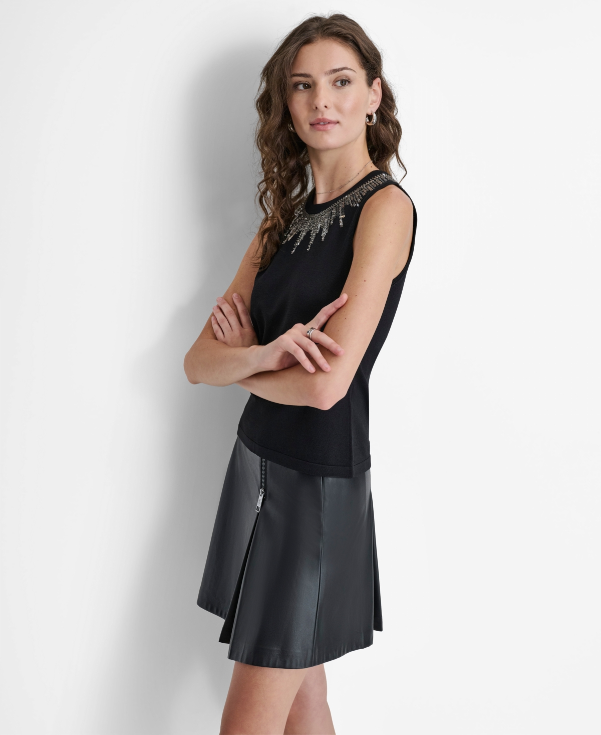 Dkny Women's Embellished-Neck Sleeveless Sweater -silv