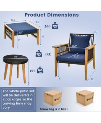 5 Piece Patio Furniture Set with Coffee Table and 2 Ottomans-Navy