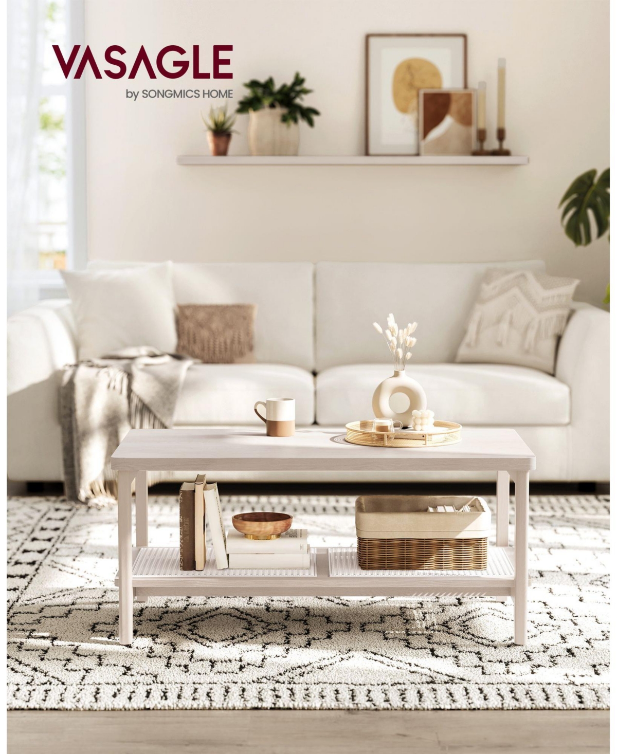 Slickblue 2-Tier Coffee Table for Living Room, with Pvc Rattan Storage Shelf, Rounded Corners