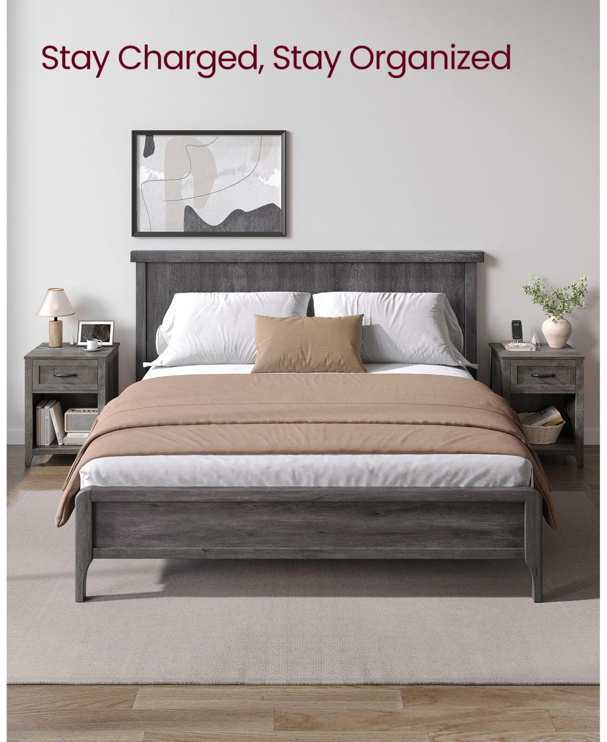 Slickblue Farmhouse Nightstands with Charging Station, Drawer, Open Compartment, Side Tables with Storage