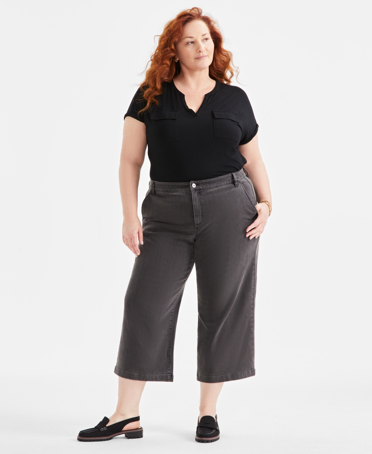 Plus Size Wide-Leg Cropped Jeans, Exclusively at Macy's - Grey