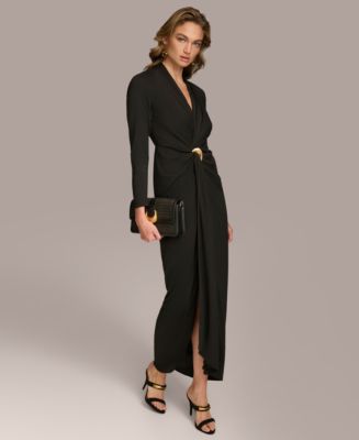 chinese dress ladies Milana Black Square-Neck Draped Wrap Maxi Dress With Long Sleeves  Club L  London