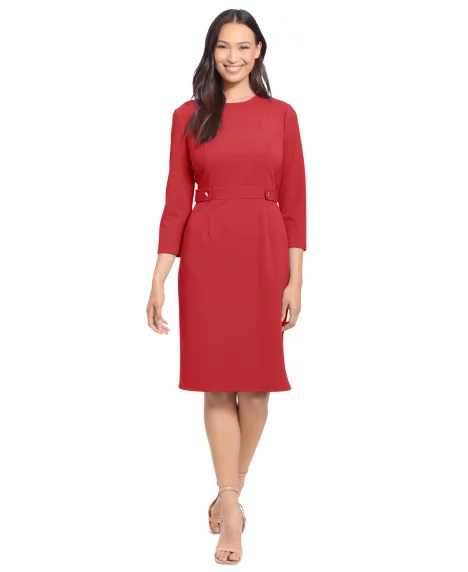 Petite 3/4-Sleeve Tab-Waist Sheath Dress - Red