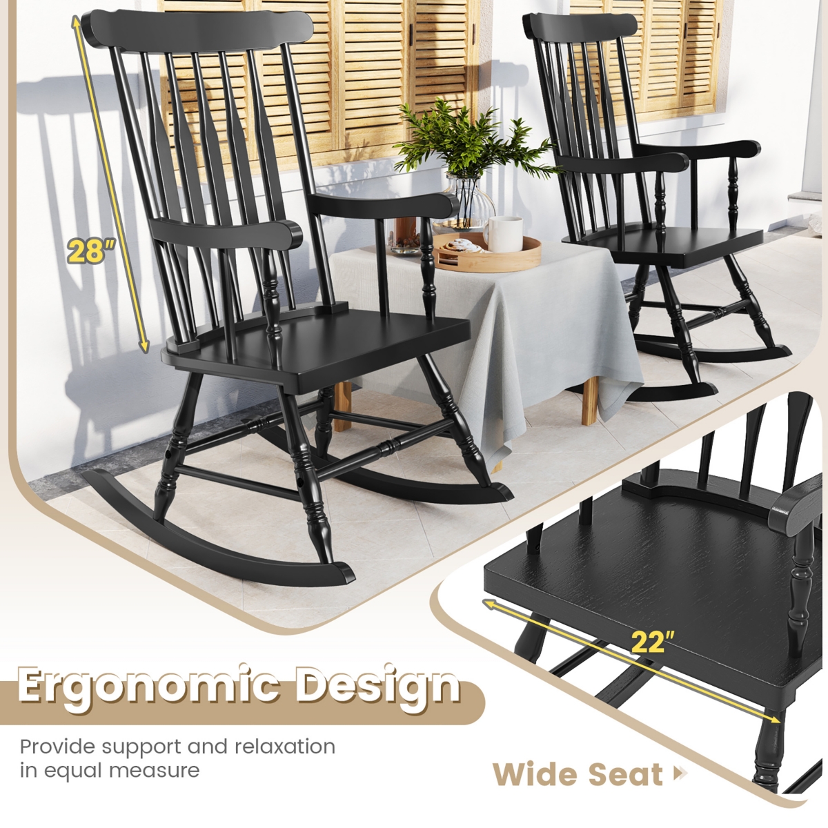 Gymax 2PCS Wooden Rocking Chair Single Rocker Indoor Garden Patio Yard- Black