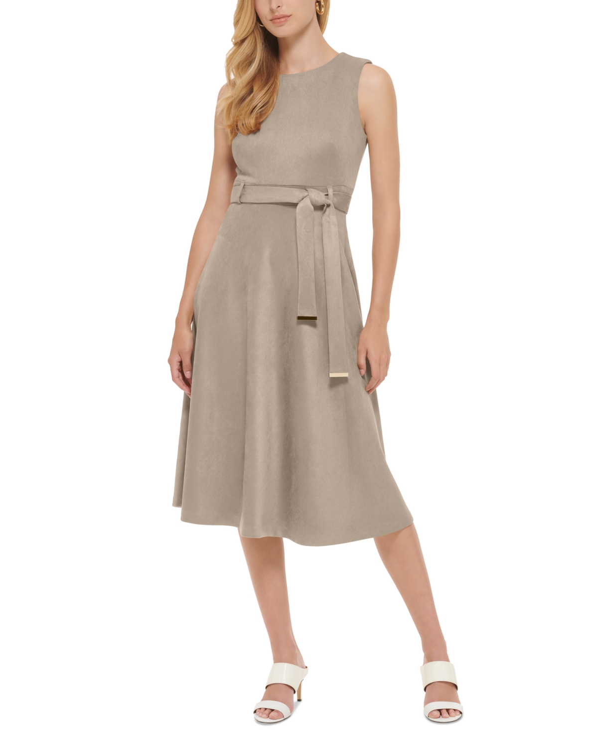 Calvin Klein Women's Faux-Suede Belted Midi Dress