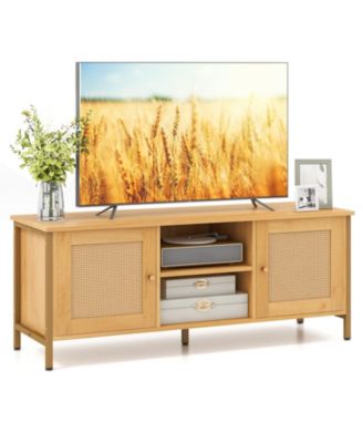 Boho TV Stand for TV up to 55 Inches with Faux Rattan Door-Natural