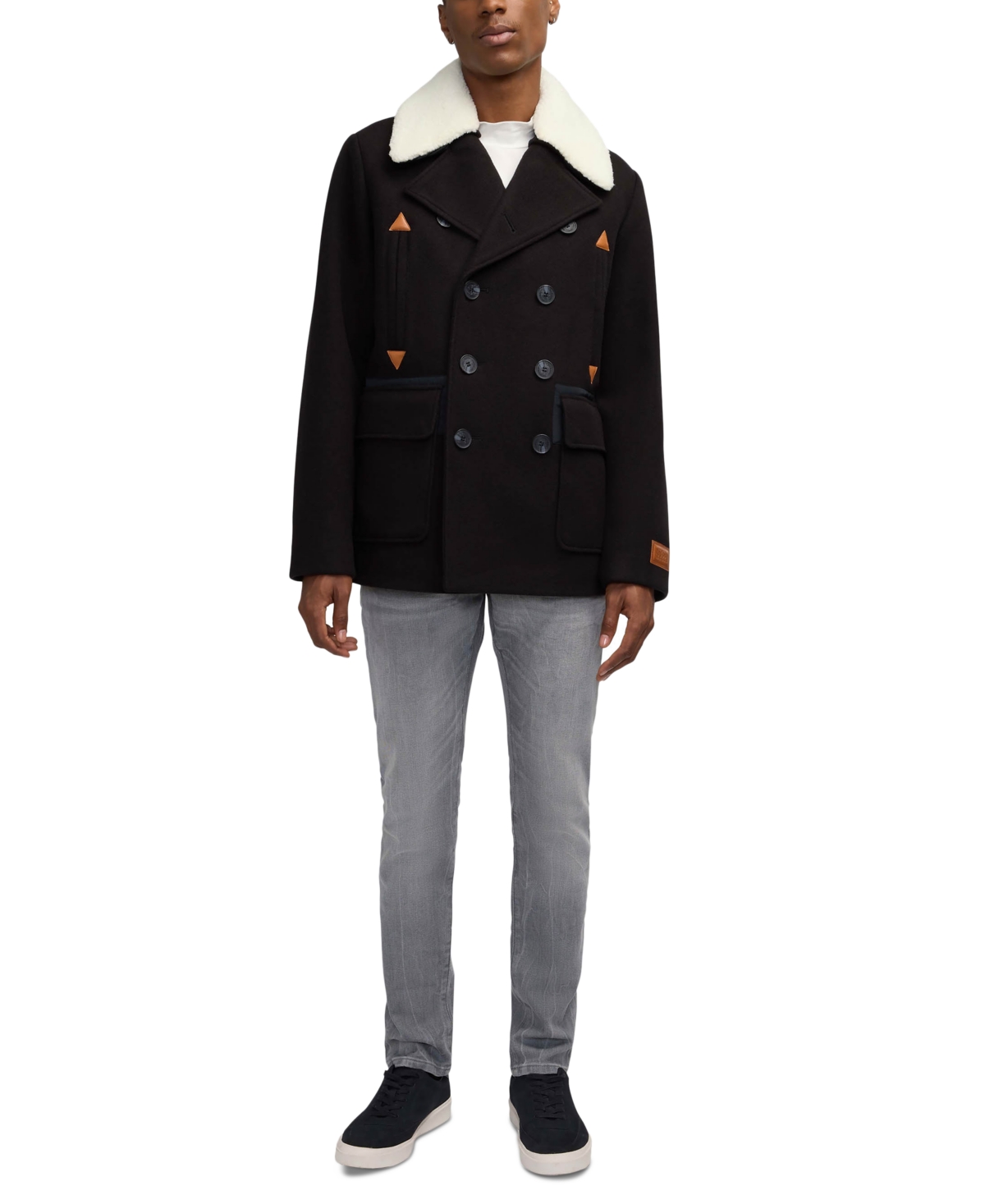 Scotch & Soda Men's Izak Double Breasted Peacoat With Removable Fleece Collar In Black
