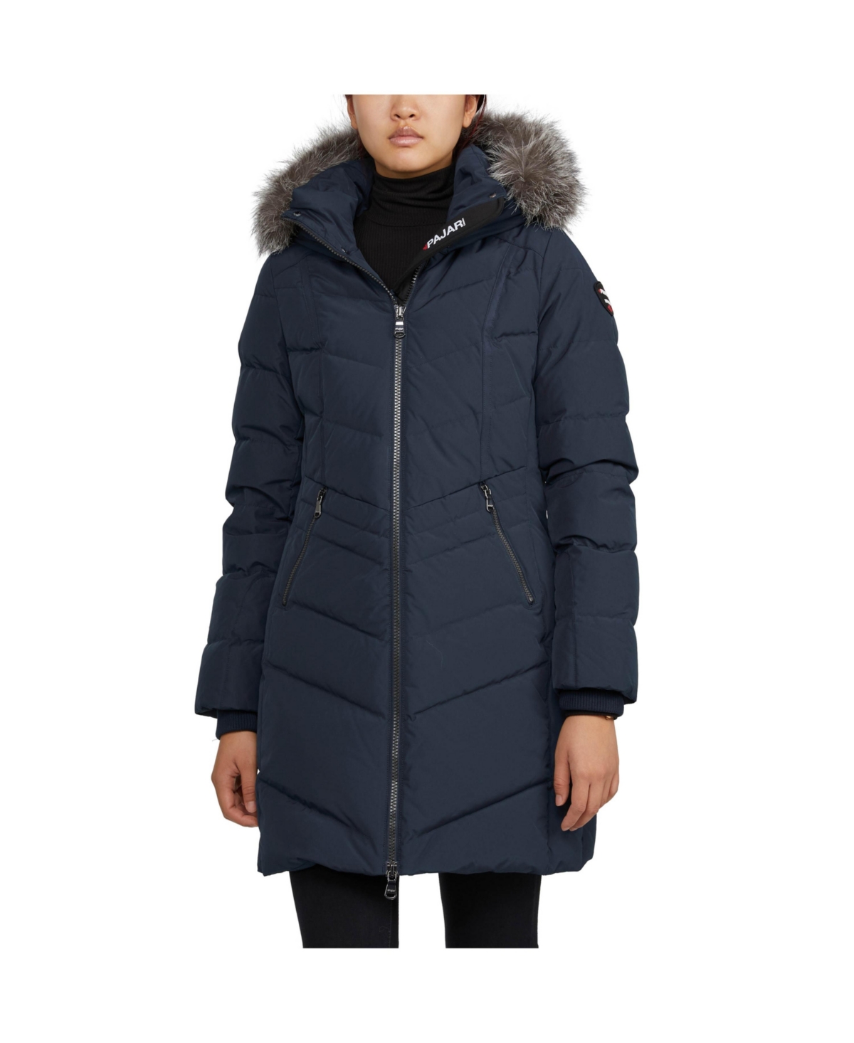 Women's January Down Chevron Puffer with Detachable Hood Fur - Navy/silver