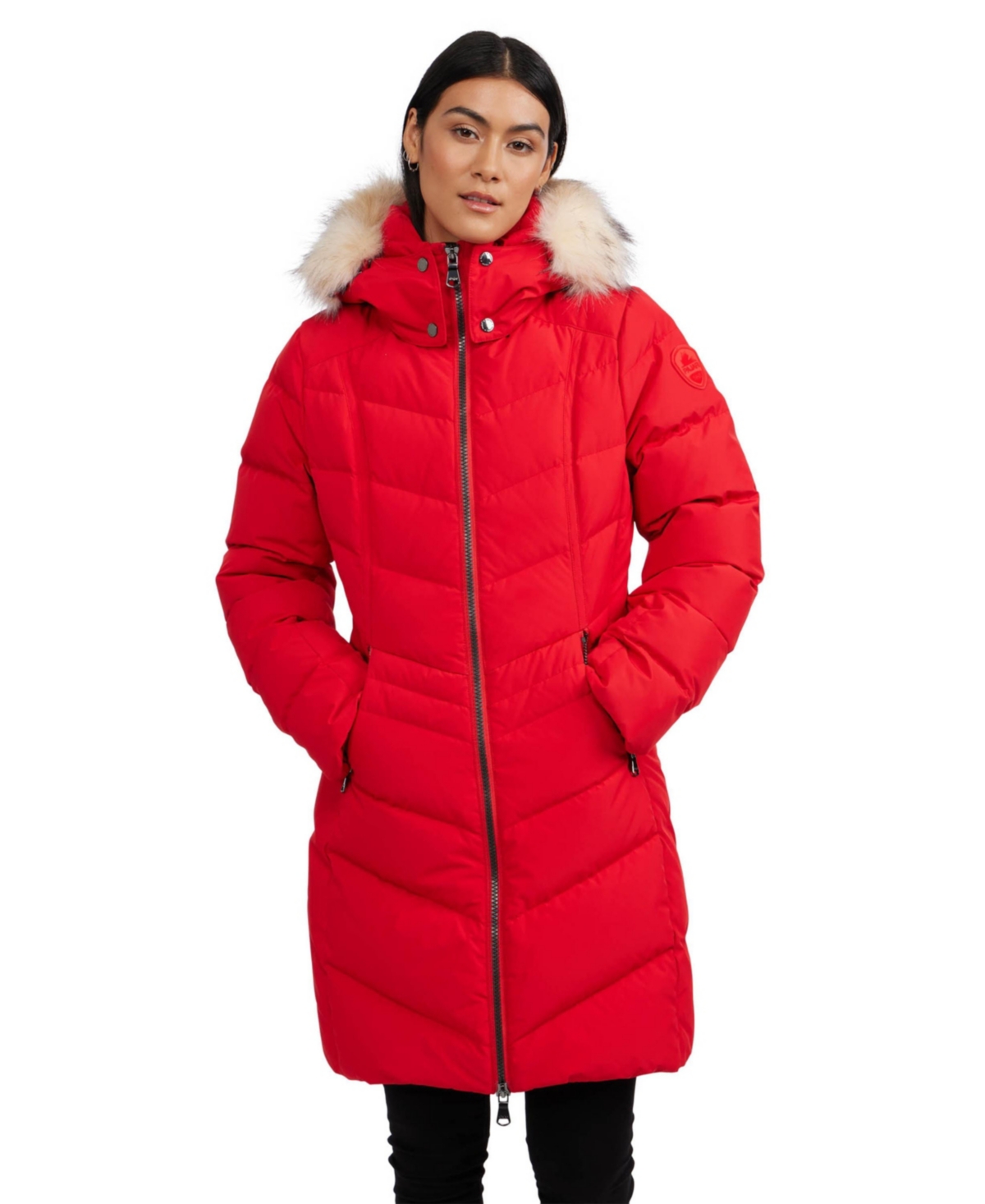 Women's January Down Chevron Puffer with Detachable Hood Fur - Navy/silver