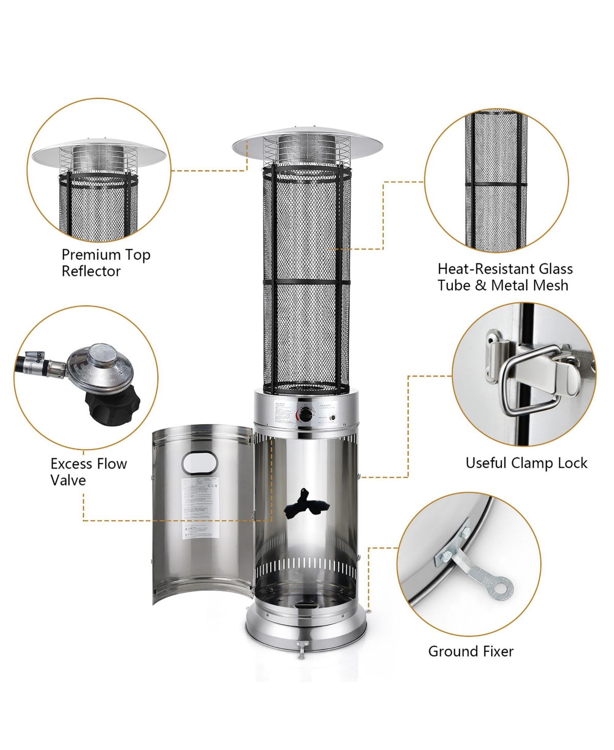 Costway 40000 Btu Patio Heaters Stainless Steel Round Propane Glass Tube Flame