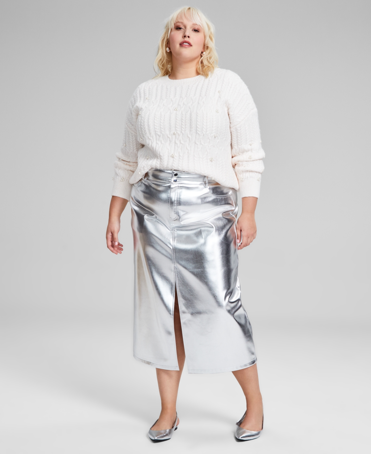 AND NOW THIS TRENDY PLUS SIZE METALLIC MIDI SKIRT, CREATED FOR MACY'S 