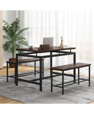 3 Pieces Dining Table Set with Wooden Kitchen Table and 2 Benches-Brown