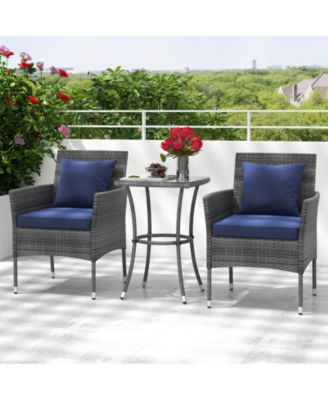 3 Pieces Patio Furniture Set with Cushioned Patio Chairs and Tempered Glass Coffee Table-Navy