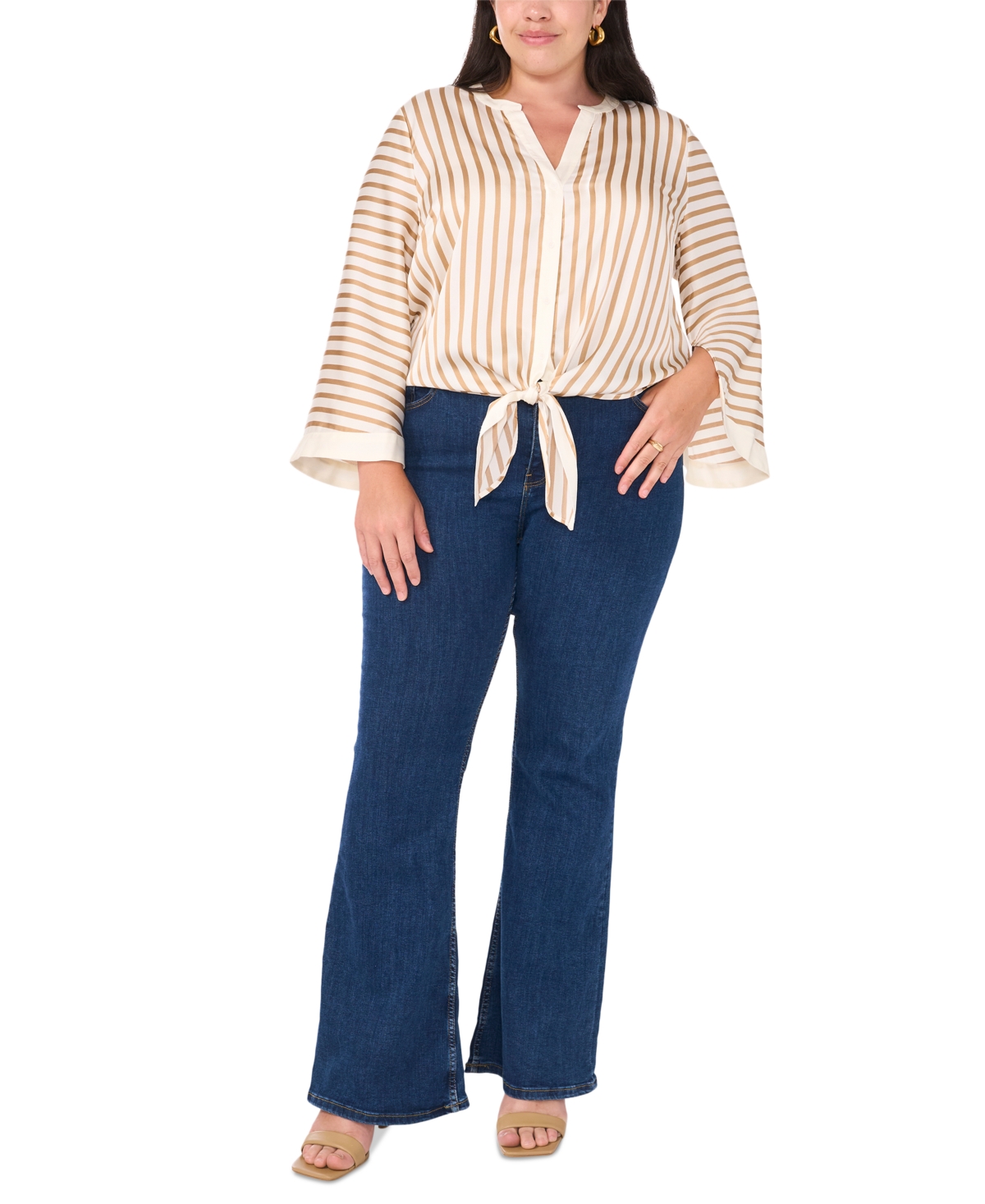Vince Camuto Women's Plus Size Tie-Hem Striped Wide-Sleeve Blouse