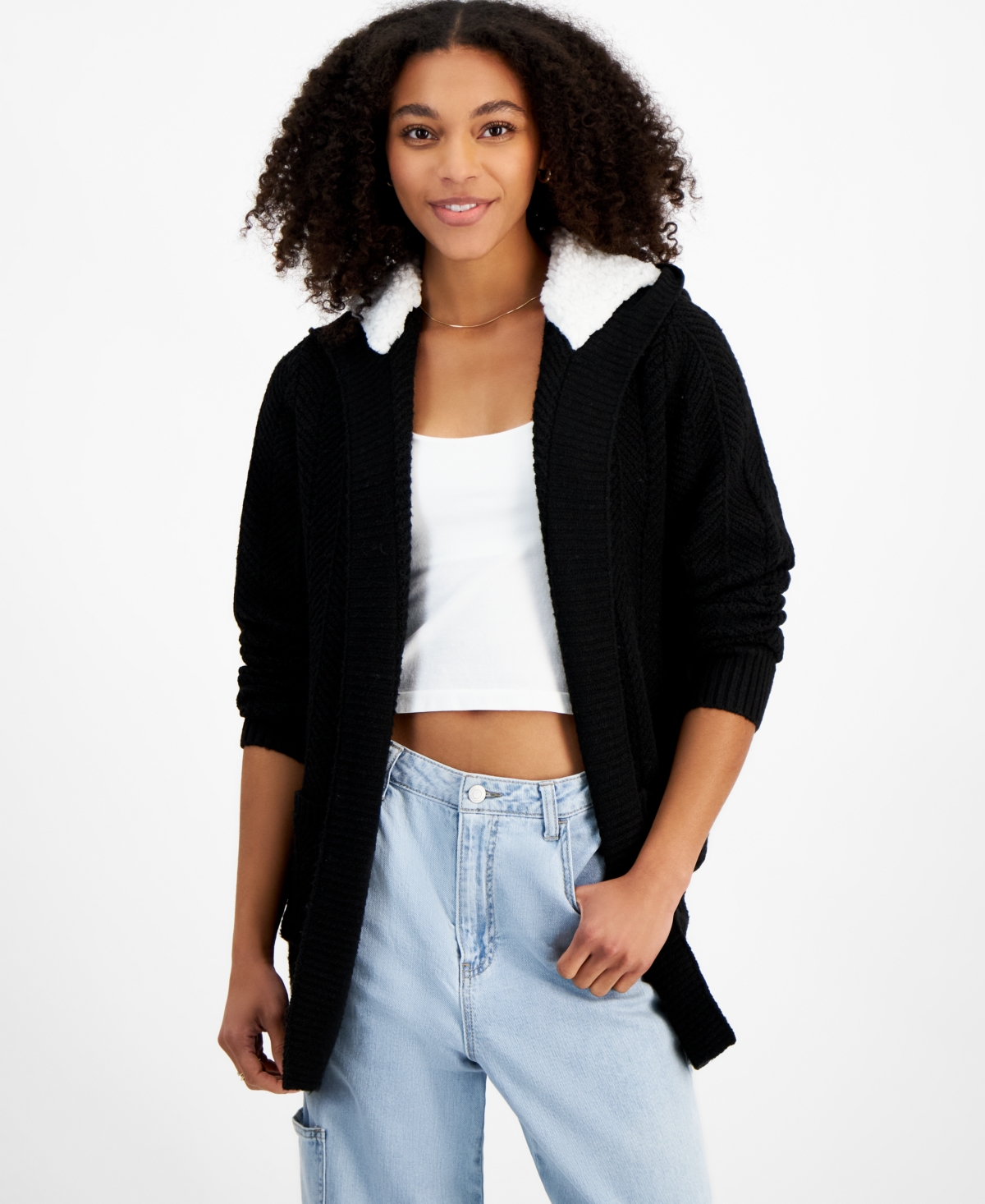 Juniors' Faux Shearling Lined Open-Front Hoodie Cardigan - Bright White