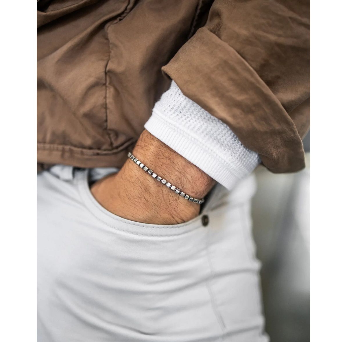 Vincero Men's Cushion Beaded Bracelet in Rhodium-Plated Sterling Silver