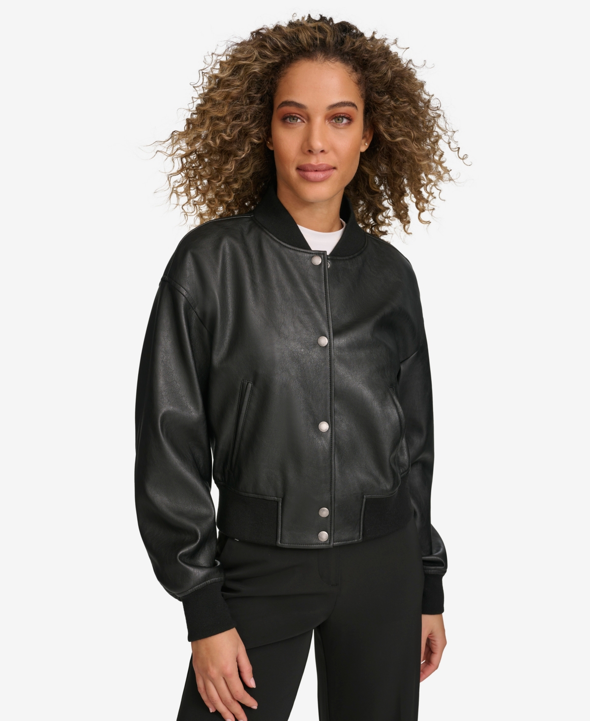 Women's Faux Leather Varsity Bomber Jacket - Ash