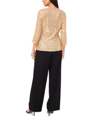 Women's Sequined Cowlneck 3/4-Sleeve Top