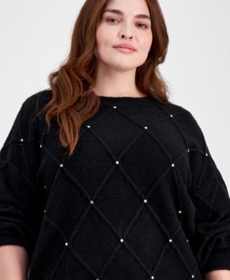 Trendy Plus Size Rhinestone-Trim Sweater