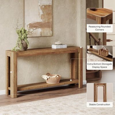 63 Inch Entryway Console Table, 2-Tier Farmhouse Narrow Sofa Table Behind Couch, Accent Entrance Console Furniture, Rustic Brown