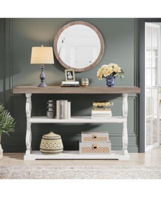 Farmhouse Console Table, 55 inch Rustic Entryway Sofa Table with Storage Shelves, 3 Tier Wood Long Accent Entry Table, Grey and White