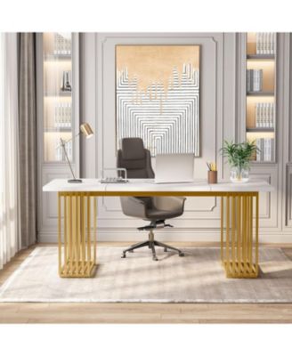 70.9" Modern Office Desk, Wooden Computer Desk, White Executive Desk with Gold Metal Legs, L Study Writing Desk
