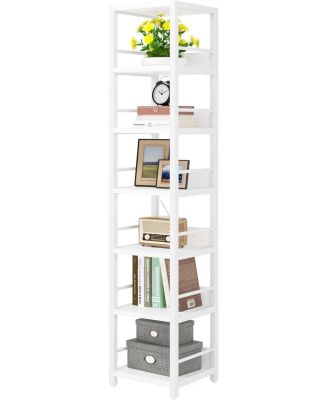 6-Tier Corner Shelf, 75 Inch Tall Narrow Bookshelf Storage Rack, Etagere Shelves Display Stand, Rustic Open Bookcase Square Shelf Tower
