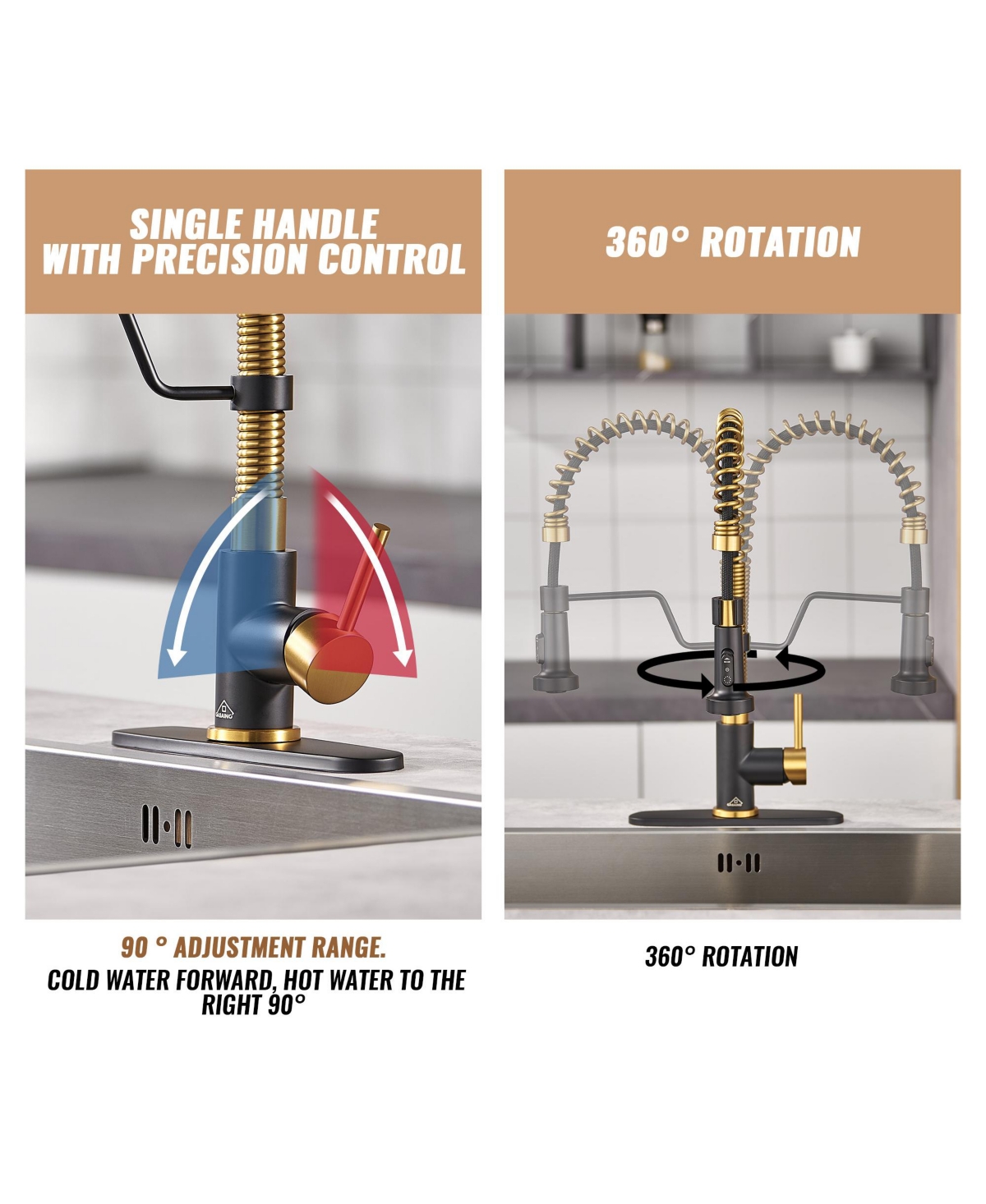 Casainc 1.8 Gpm Spring Neck Pull Down Kitchen Faucet with Deck Plate - Matte black+brushed gold