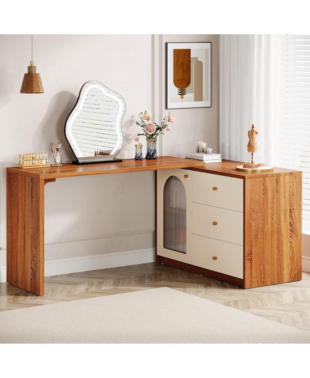 Tribesigns Modern Makeup Vanity, Retractable Large Vanity Desk with 3 Drawers and Cabinet, Makeup Corner Dressing Table (Without Mirror)