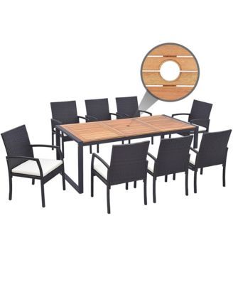 9 Pieces Patio Rattan Dining Set with Acacia Wood Table, 1.9" Umbrella Hole