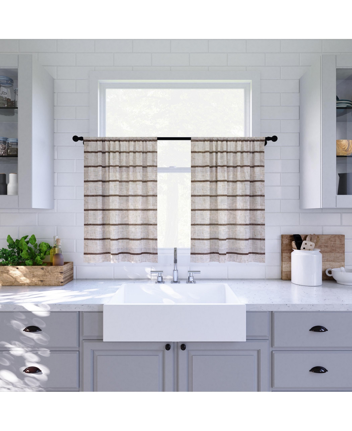 Twill Stripe Anti-Dust Linen Blend Sheer Cafe Curtain Pair - White/linen