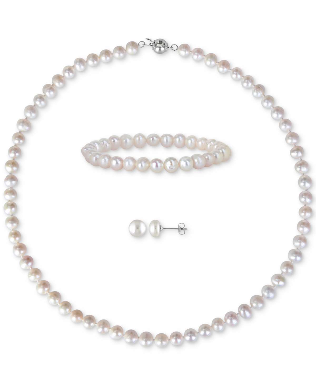 Macy's 3-pc. Set Cultured Freshwater Pearl (7-8mm) Collar Necklace, Stretch Bracelet, & Stud Earrings In White