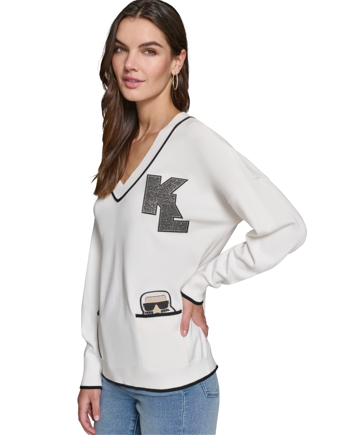 Karl Lagerfeld Paris Women's Women's V-Neck Embellished Varsity Sweater