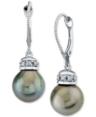 Macy's - Cultured Tahitian Pearl (11mm) & Diamond Accent Leverback Drop Earrings in 14k White Gold