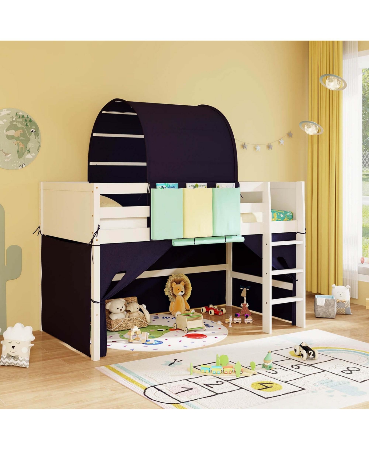 Twin Loft Bed with Tower & Tent 3 Storage Pockets Safety Guardrail and Ladder