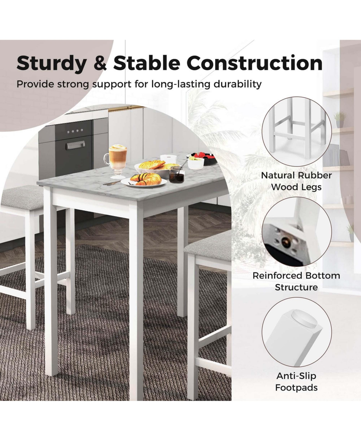3 Pcs Bar Table Set Dining Table & 2 Pvc Leather Upholstered Bar Stools