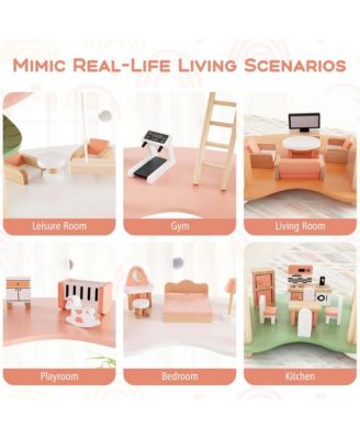 Kids Wooden Dollhouse Aged 3-8 Years Old with 32PCS Realistic Furniture Accessories