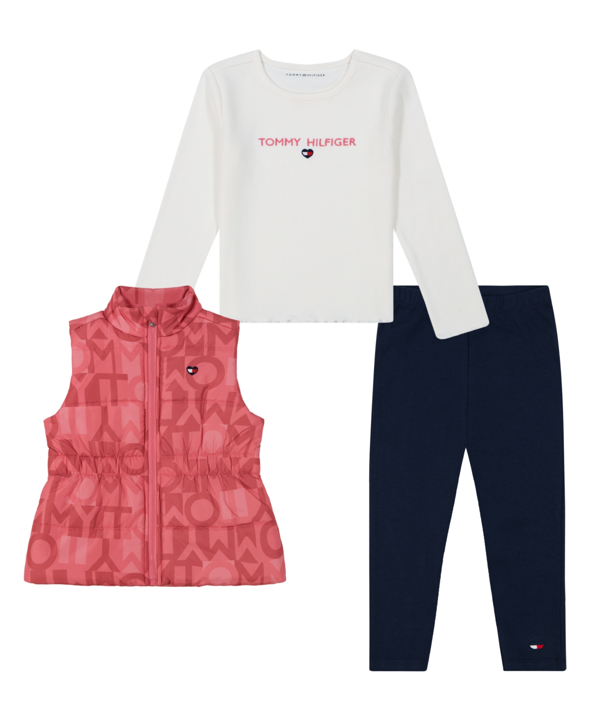 Shop Tommy Hilfiger Toddler And Little Girls Long Sleeve Ribbed Tee, Puffer Vest And Stretch Leggings, 3 Piece Set In Egret,rapture Rose,navy Blazer