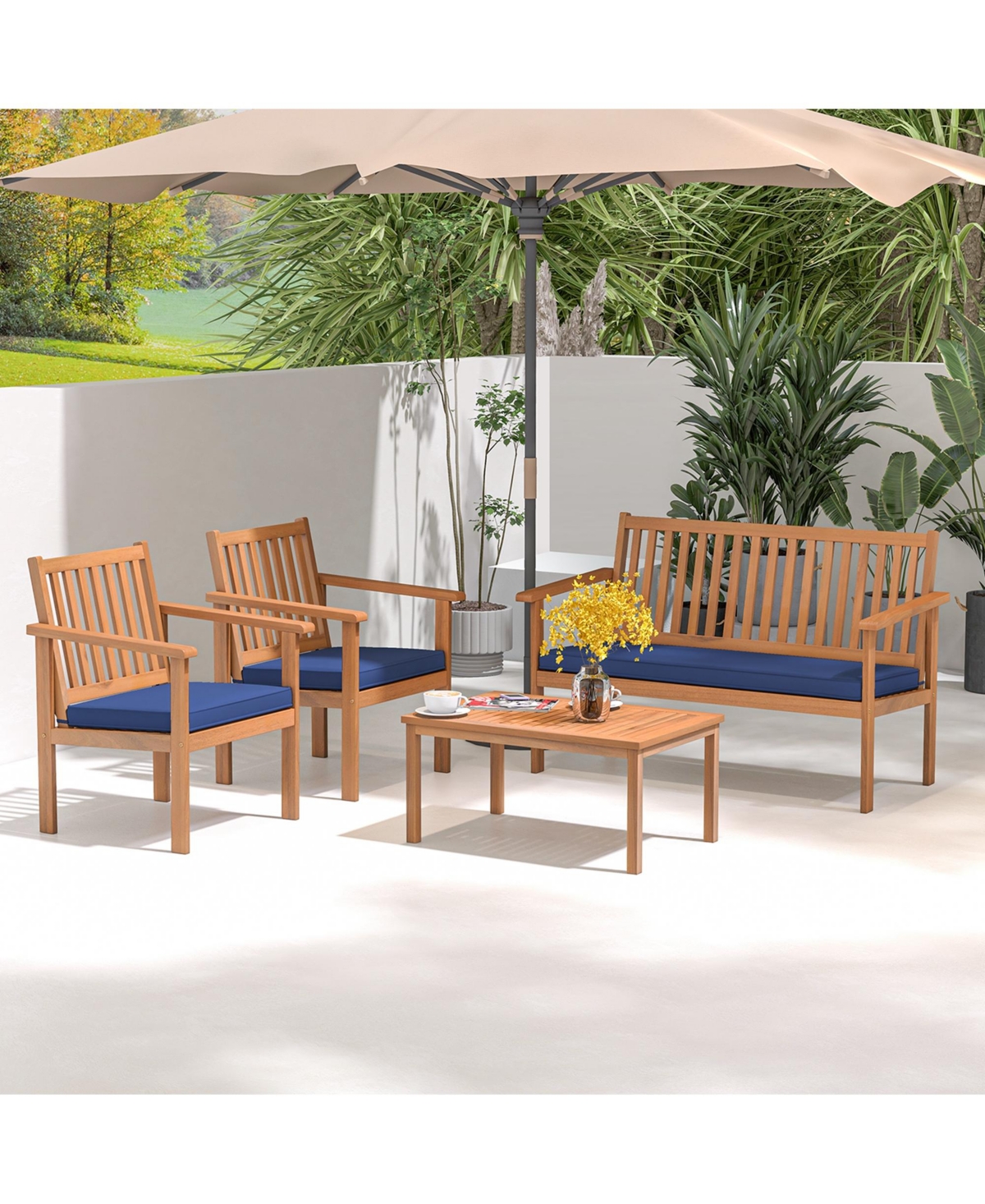 4 Pcs Patio Wood Furniture Set with Loveseat, 2 Chairs & Coffee Table for Porch