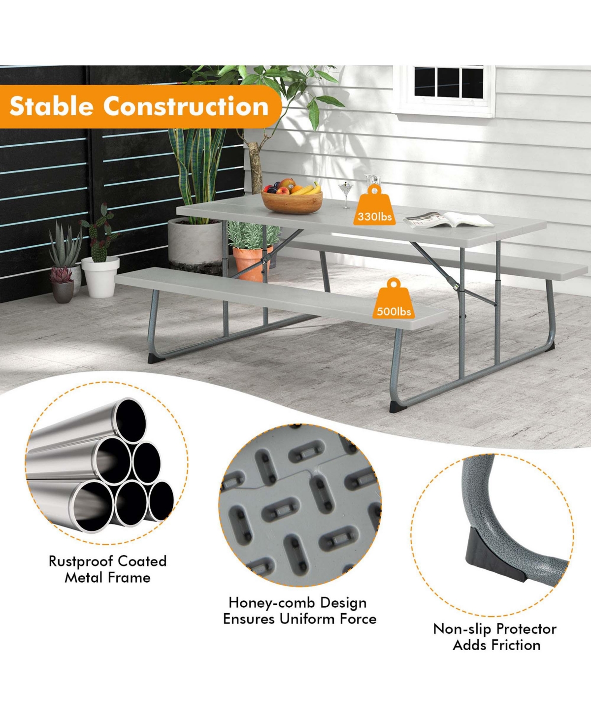 Costway Folding Picnic Table with Wood-like Tabletop, Umbrella Hole, 2 Benches for 8 Person