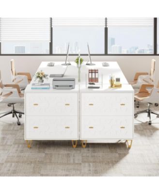 2-Drawer Lateral File Cabinet, Modern White Filing Cabinet, Large Storage Filing Cabinet Printer Stand for Home Office, White and Gold