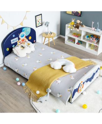 Kids Upholstered Platform Bed Children Twin Size Wooden Bed Astronaut Pattern