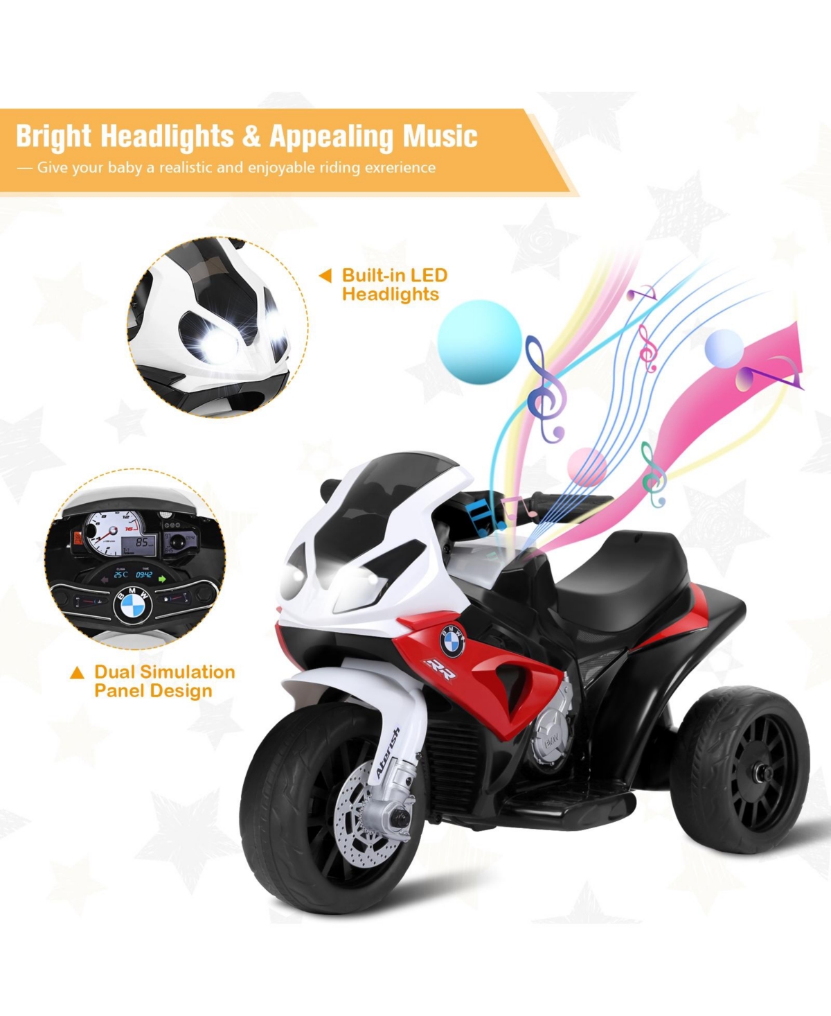 Sugift 6V Kids 3 Wheels Riding Bmw Licensed Electric Motorcycle-Red