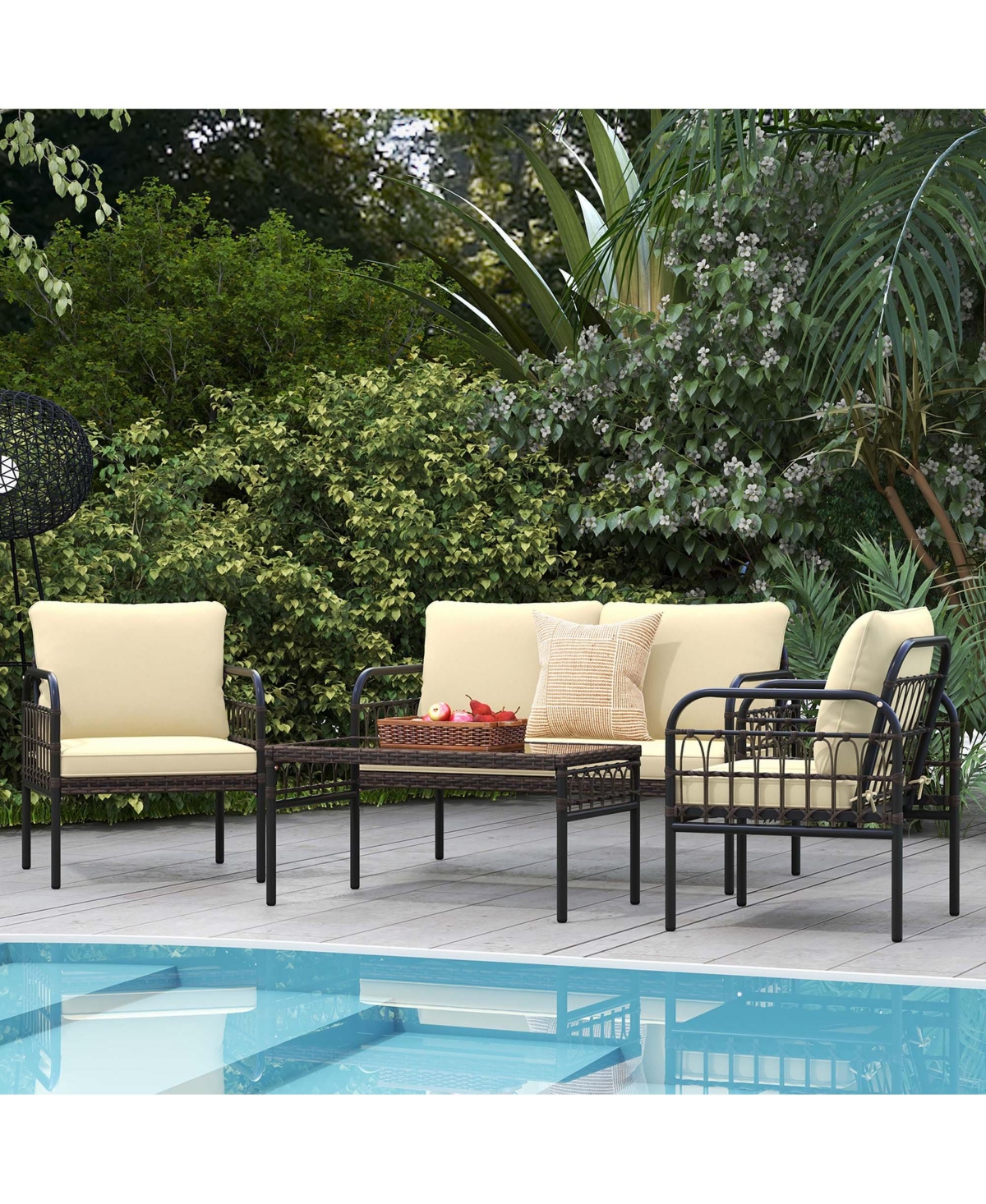 Costway 4 Pcs Patio Furniture Set Outdoor Wicker Conversation Bistro Set with Soft Cushions -khaki