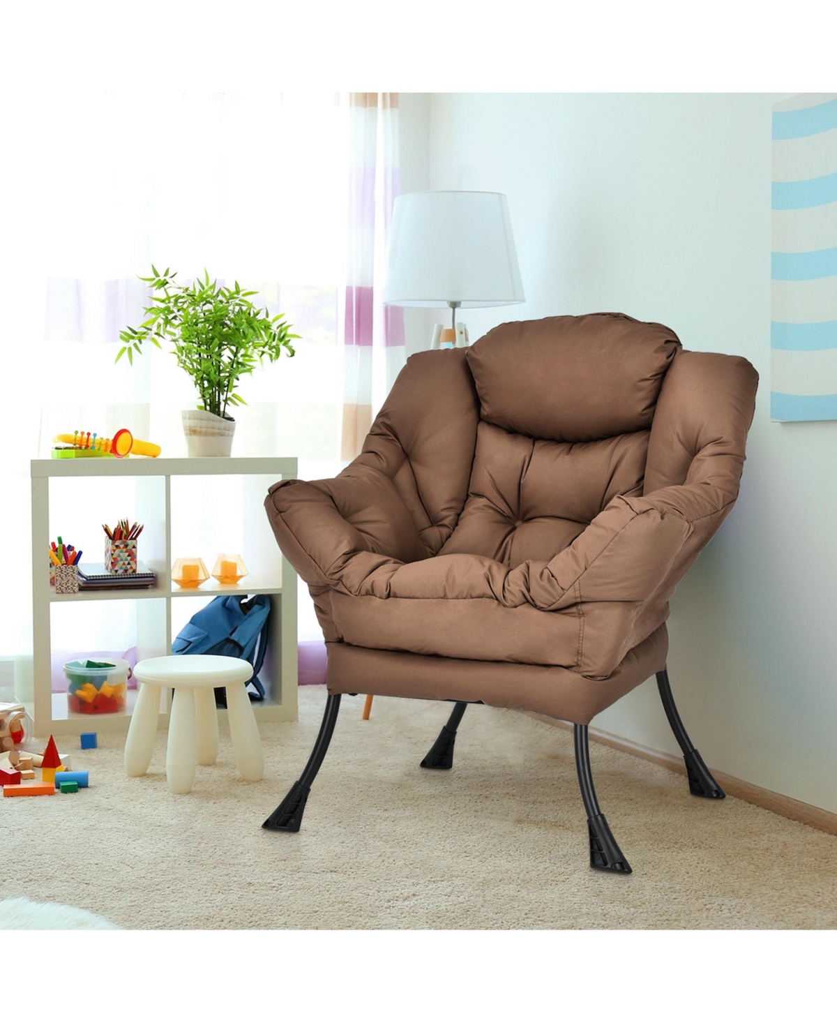 Costway Modern Polyester Fabric Lazy Chair Single Sofa Chair w/ Side Pocket