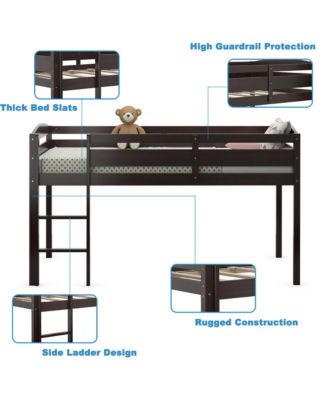 Twin Size Loft Bed Wooden Slats Support Loft Bed Frame w/ Ladder & Guardrails Espresso