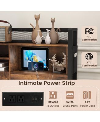 Queen Size Bed Frame w/ Bookcase Headboard & 4 Storage Drawers Vintage Brown