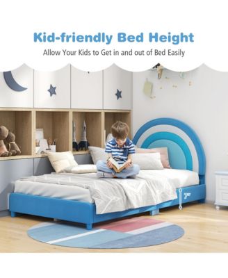 Kids Twin Platform Bed Frame Upholstered Twin Size Bed w/ Wooden Slats Support Blue