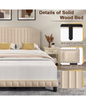 Queen Upholstered Bed Frame with linen fabric vertical lines Rivets headboard